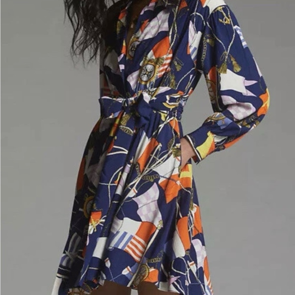 Anthropologie Maeve Navy Multicolor Wrap Dress with Belt